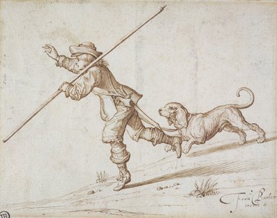 Uomo che caccia con un bastone appuntito e un cane (penna e inchiostro marrone su carta) da Francis Barlow